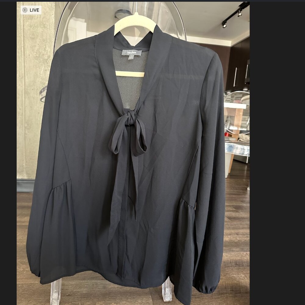 Neiman Marcus Black Sheer Blouse with Tie